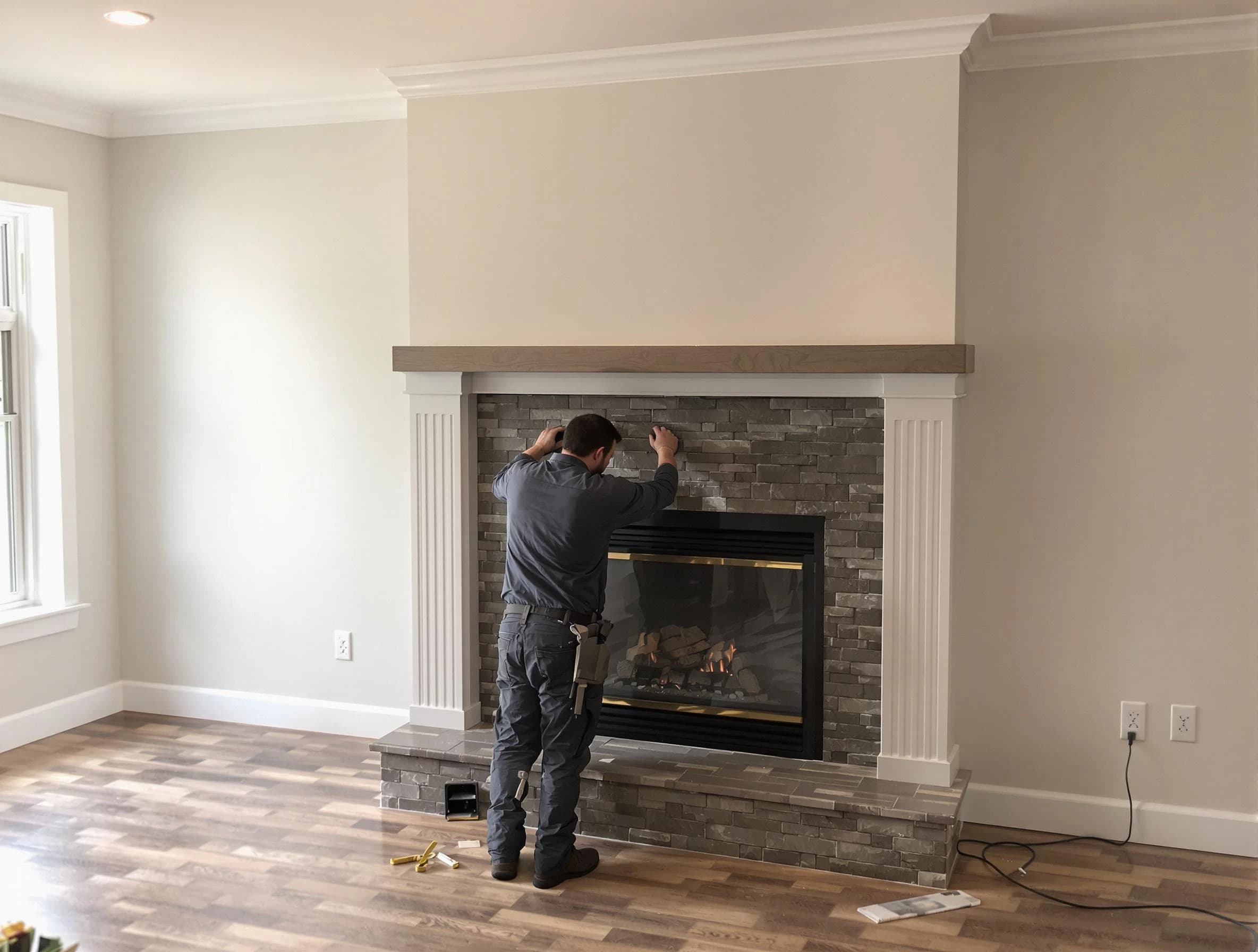 Doraville Chimney Sweep finishing a custom fireplace install in Doraville, GA