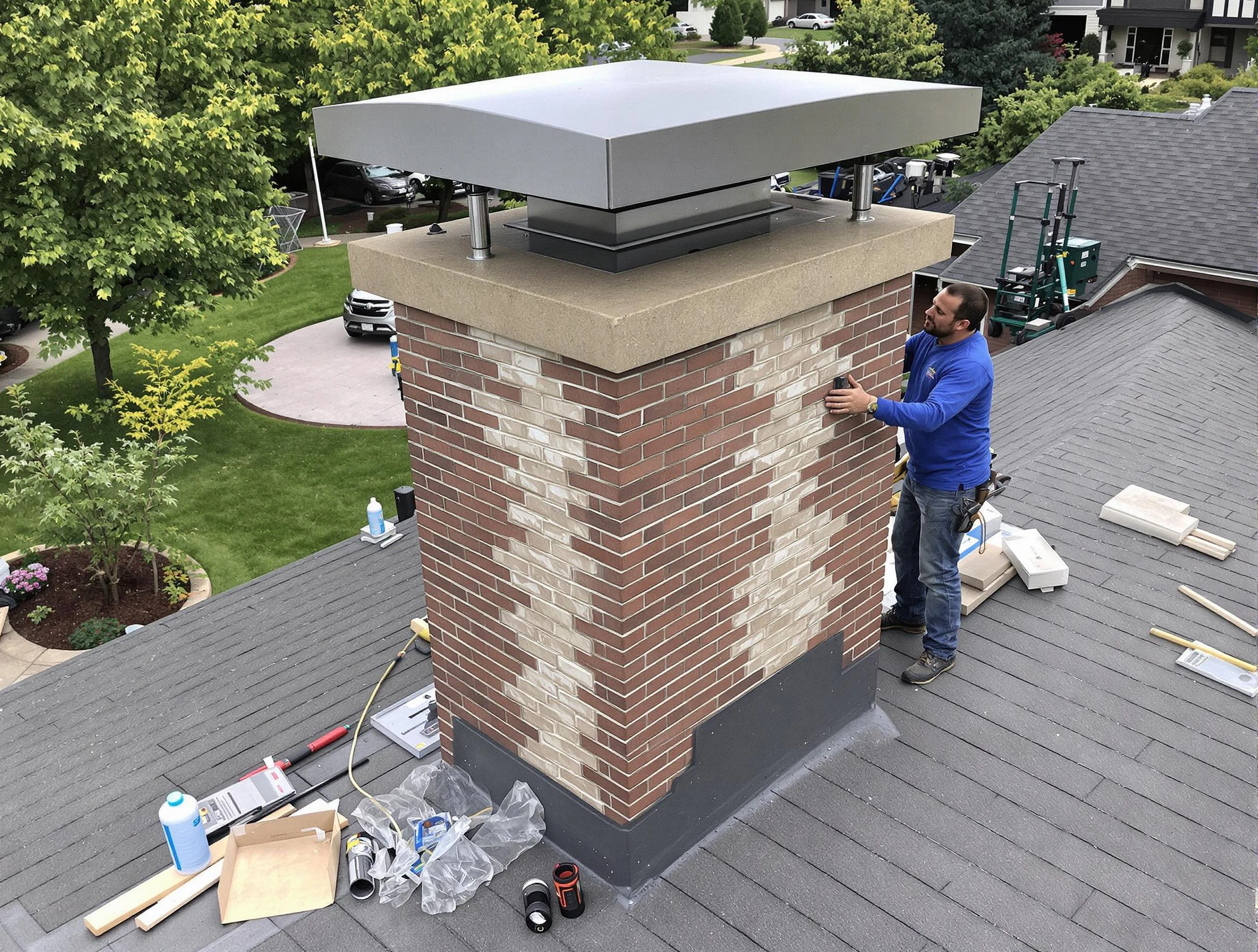Doraville Chimney Sweep team working on a custom chimney remodel in Doraville, GA